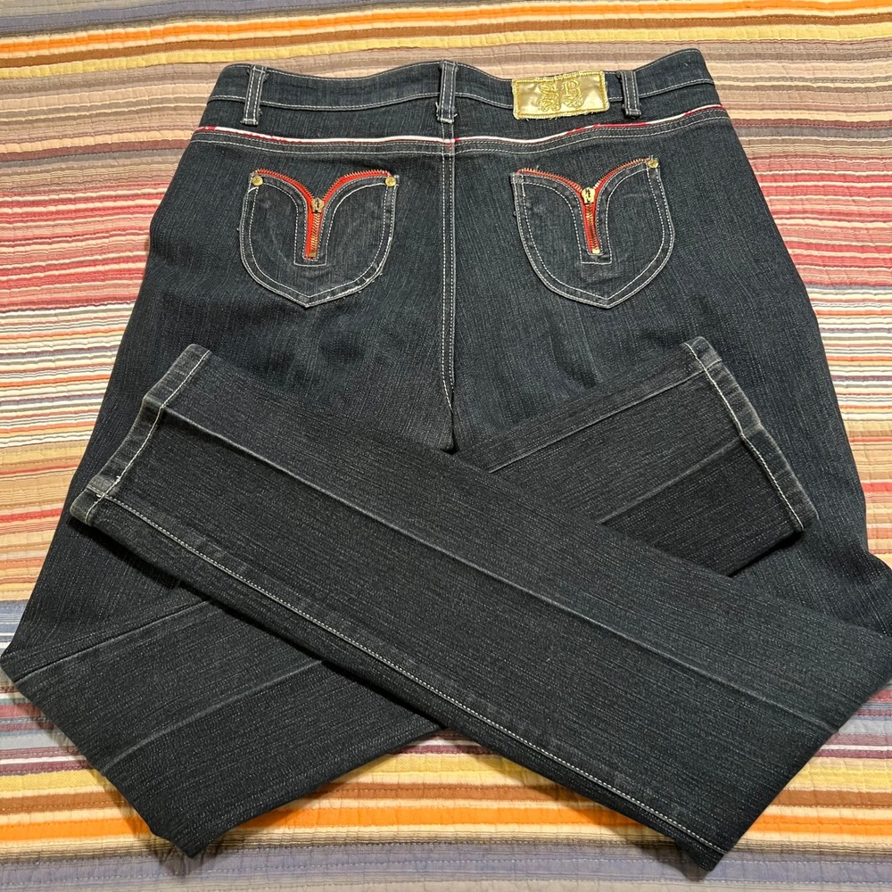 SB Jeans Women's Dark Wash Denim Jeans‎ Red Zipper Pocket Size 15